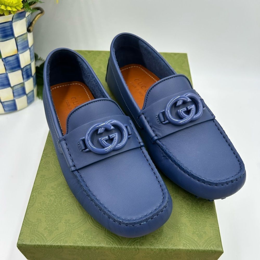 Men’s Gucci interlocking GG Leather driver loafers size 6 fits 6.5US made Italy